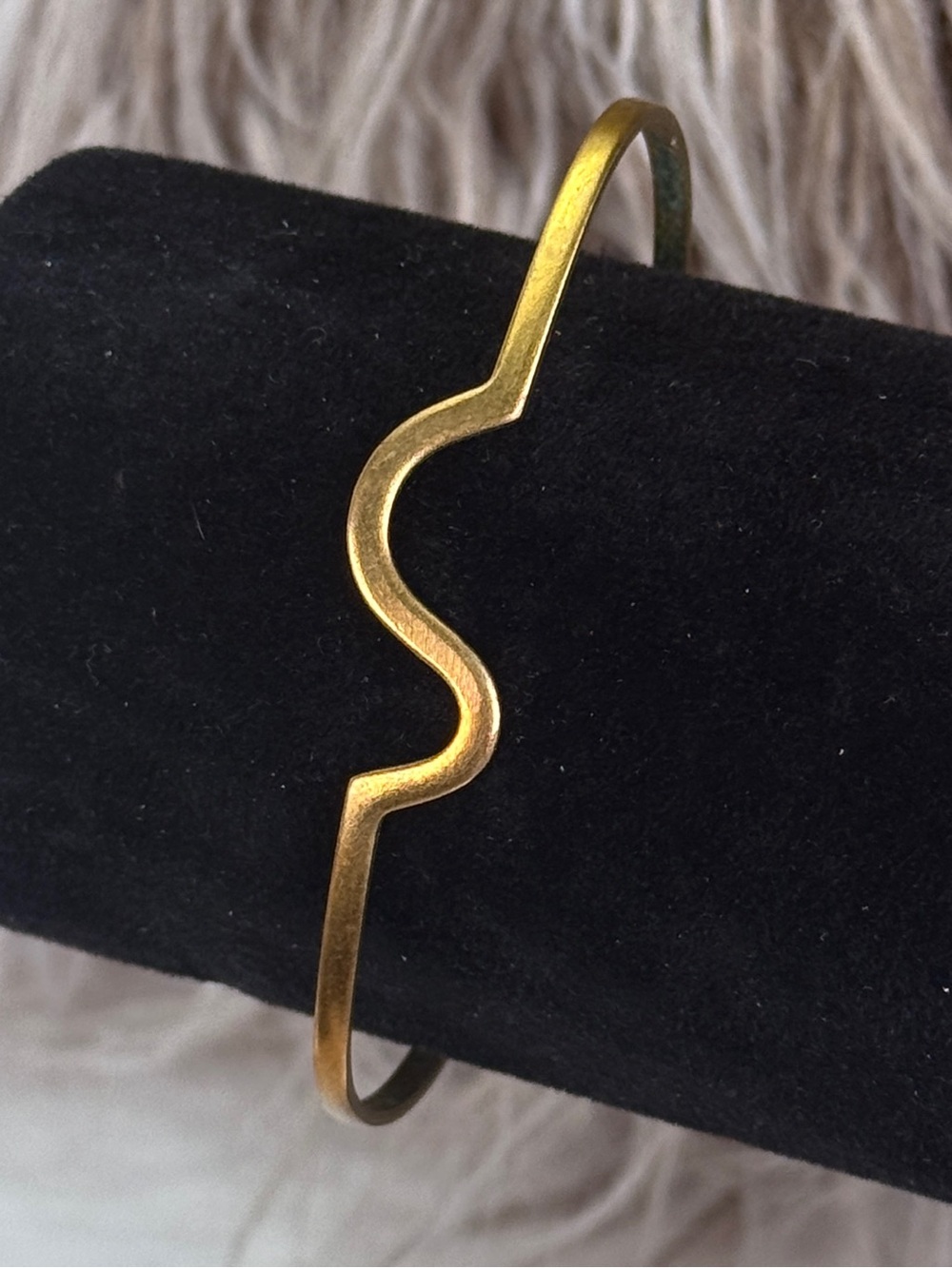 Antiqued Gold Brass Tone Wave Open Cuff Bracelet Sculptural Modernist Minimalist